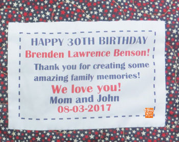 Birthday label on back of tshirt quilt